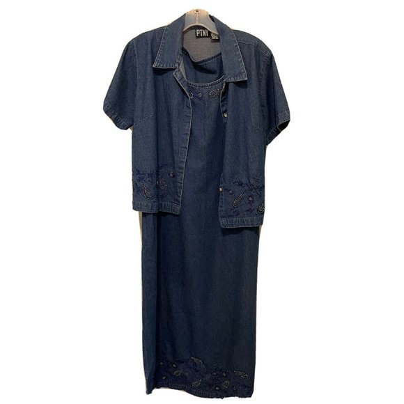 PTNY Blue 2 Piece Denim Jumper Dress Jacket Floral Applique SLEEVELESS LARGE - Picture 1 of 10